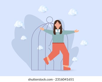 Young woman stepping out of the cage, female is leaving the restricted area, freedom, mental rehabilitation and opening up new opportunities for personal development, vector illustration.