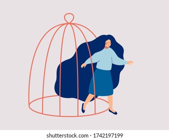 A young woman steps out of the cage. The female character is getting out of a confined space. Concept of freedom, mental rehabilitation and opening up new opportunities for personal development.Vector