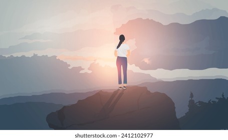 Una joven se paró en una roca mirando alegremente el amanecer. Concepto de libertad. Imagen de felicidad. Ilustración vectorial.