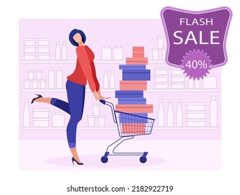 A young woman in a store in front of shelves with goods next to a trolley full of shopping boxes. Flash sale concept with discounts, shopping and marketing. Vector illustration in a flat style.