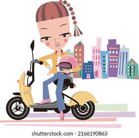 A young woman straddles a yellow scooter and takes off her helmet to take a break in the city.vector illustration