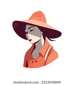 Young woman in straw hat icon isolated