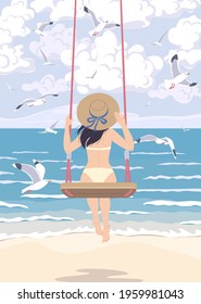 Young woman in straw hat swinging on swing at the sea coast. Girl in swimsuit back view. Vacation concept. Serenity landscape with blue water, waves and flying gulls. Vector flat illustration.