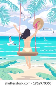 Young woman in straw hat swinging on swing at the sea coast. Girl in swimsuit back view. Vacation concept. Serenity landscape with blue water, palm fronds and flying gulls. Vector flat illustration.