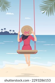 Young woman in straw hat swinging on swing at the sea coast. Girl in pink dress back view. Vacation concept. Serenity landscape with turquoise water, waves and flying gulls. Vector flat illustration.