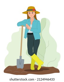 A young woman in a straw hat and yellow boots digs the ground in the garden. Illustration isolated on white background