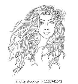 Young woman with streaming long hair, hand drawn linen black and white vector illustration for beauty salon, coloring book, hairdresser, label, beauty concept.