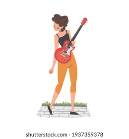 Young Woman Street Musician Character Playing Electric Guitar, Live Performance Cartoon Style Vector Illustration