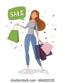 Young woman street style with bags for shopping. Vector illustration for sale, fashion market.