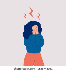 The young woman is in stress. Woman in shock, and lightning over her. Vector flat illustration