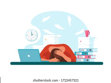 Young woman in stress at work laid her head on the table. The concept of professional burnout, career problems, depression. A tired girl at work sits at a desk with a laptop and documents. Flat vector