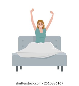 Jovem mulher esticada acordando na cama em casa. Ilustração de vetor plano isolada no plano de fundo branco