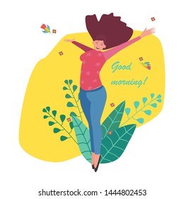 
A young woman stretches up, spread her arms to the side. Brunette with closed eyes, against the background of  yellow color of the sun, leaves, flowers, birds. Text: Good Morning! Vector character