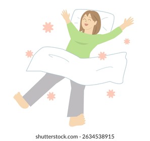 Young woman stretching in bed, feeling relaxed on her day off