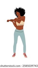 Young woman stretching her arms and legs, doing sport exercises. She is wearing uniform with a tank top and blue pants. Healthy life concept. Flat vector illustration isolated on white background