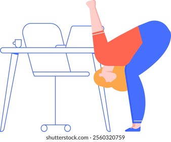 Young woman stretching her body with yoga exercises near her desk, finding relaxation and balance after a long work session, enhancing her wellness and productivity