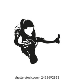 Young woman stretching her legs, taking care of her body.  Isolated vector silhouette, ink drawing