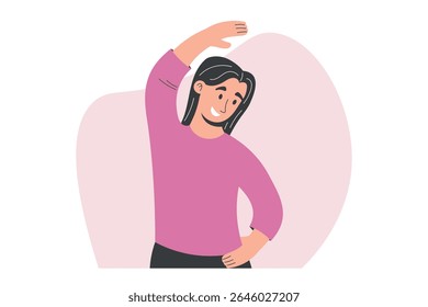 Jovem mulher se alongando com um braço sobre a cabeça e o outro na cintura. Ilustração isolada de vetor plano perfeita para fitness, estilo de vida saudável e projetos relacionados com exercícios.