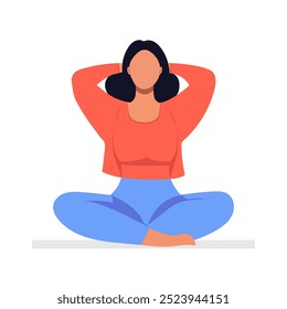 Una mujer joven se está estirando.  Cuidados personales, relajación, yoga, estilo de vida saludable. Aislado en un fondo blanco. Ilustración vectorial