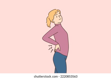 Young woman stretching suffer from backache. Unhealthy female exercise struggle with painful lower back spasm or strain. Healthcare. Vector illustration. 