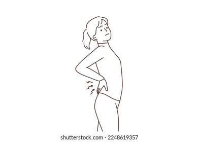 Young woman stretching suffer from backache. Unhealthy female exercise struggle with painful lower back spasm or strain. Healthcare. Vector illustration. 