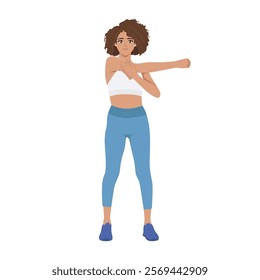 Young woman stretching to warm up or cool down before or after exercise. Flat vector Character Illustration