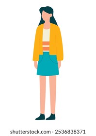 Young woman in striped t-shirt, orange jacket and blue short skirt isolated on white background. Vector illustration. Flat faceless style. Vector illustration
