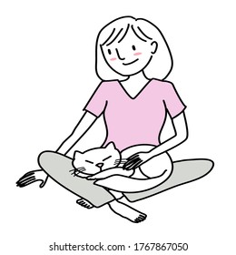 Young Woman Stroking White Cat On Her Lap. Happy Girl Petting White Fluffy Cat On Her Lap. Cat Sleeping On Lap. Girl Sitting Cross-legged On The Floor With Kitten. Hand-drawn Vector.