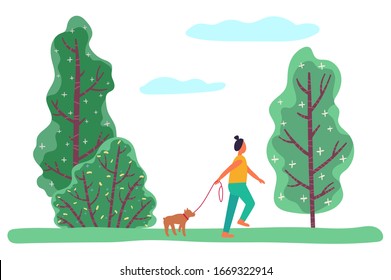 Young woman strolling in forest or meadow among trees and shrubs. Person play with her little pet, puppy on leash. Beautiful landscape, nature. Vector illustration of walking domestic dog in flat