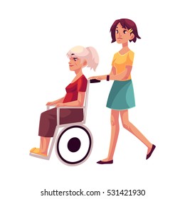 Young woman strolling grandmother in wheelchair, cartoon vector illustration isolated on white background. Granddaughter, volunteer, social worker strolling old lady sitting in wheelchair