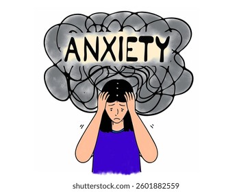 A young woman struggles with overwhelming anxiety, her head buried in a cloud of tangled thoughts.