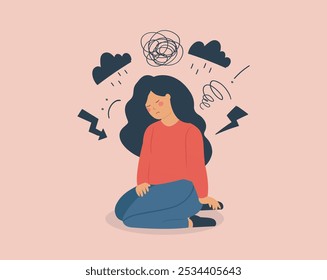 Mujer joven que lucha con problemas de salud mental como estrés, depresión, ansiedad, fobias o trastornos de sentimiento. Chica triste abrumada sentada en el suelo con pensamientos negativos. Ilustración vectorial