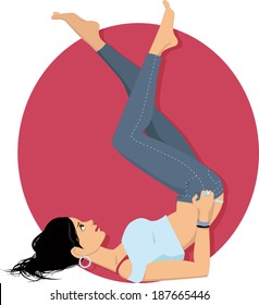 Young Woman Struggling To Put On Skinny Jeans, Vector Illustration