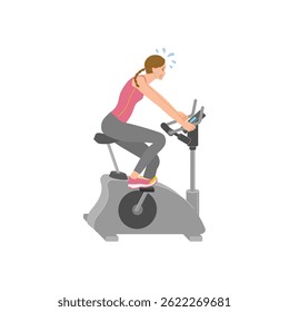 Young woman struggling with training on fitness bike at gym