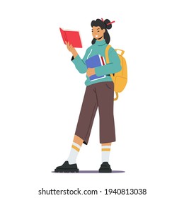 Young Woman Student with Backpack on Shoulder Holding Books Pile Prepare to Exam or Make Homework. Girl Character Reading, Learning. Education in University or College. Cartoon Vector Illustration