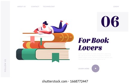 Young Woman Student or Bookworm Spend Time in Library Landing Page Template. Tiny Female Character Enthusiastically Reading Lying on Huge Book Pile Prepare for Examination. Cartoon Vector Illustration