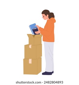 Young woman student cartoon character unpacking cardboard boxes with books isolated on white