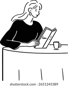 Uma jovem mulher ou estudante focada em ler um livro em um café ou biblioteca. Caráter vetor simples para temas de educação, literatura e estudo.
