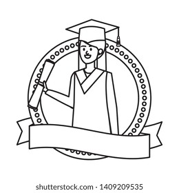 young woman student graduated in emblem with ribbon