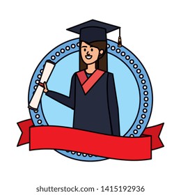 young woman student graduated in emblem with ribbon