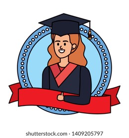 young woman student graduated in ribbon emblem