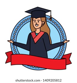 young woman student graduated in ribbon emblem