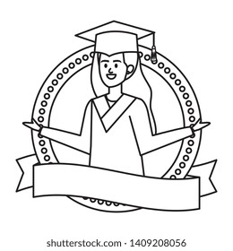 young woman student graduated in ribbon emblem