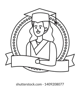 young woman student graduated in ribbon emblem