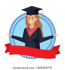 young woman student graduated in ribbon emblem