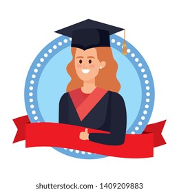 young woman student graduated in ribbon emblem