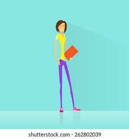 Young woman student hold books casual clothes flat design vector illustration