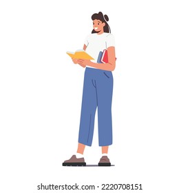 Young Woman Student Holding and Reading Books Prepare to Exam or Make Homework. Teen Character Reading, Learning. Education in University or College, Girl Stages of Growth. Cartoon Vector Illustration