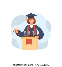 Young Woman Student In Mantle Holding A Diploma And Giving Speech On Podium. Graduate Of Educational Institution Celebrating Victory. Vector Illustration  For Banner, Flyer, Ad, Card