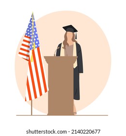 Young Woman Student In A Robe Gives A Speech On The Podium. School Graduate. Flat Banner Vector Illustration.